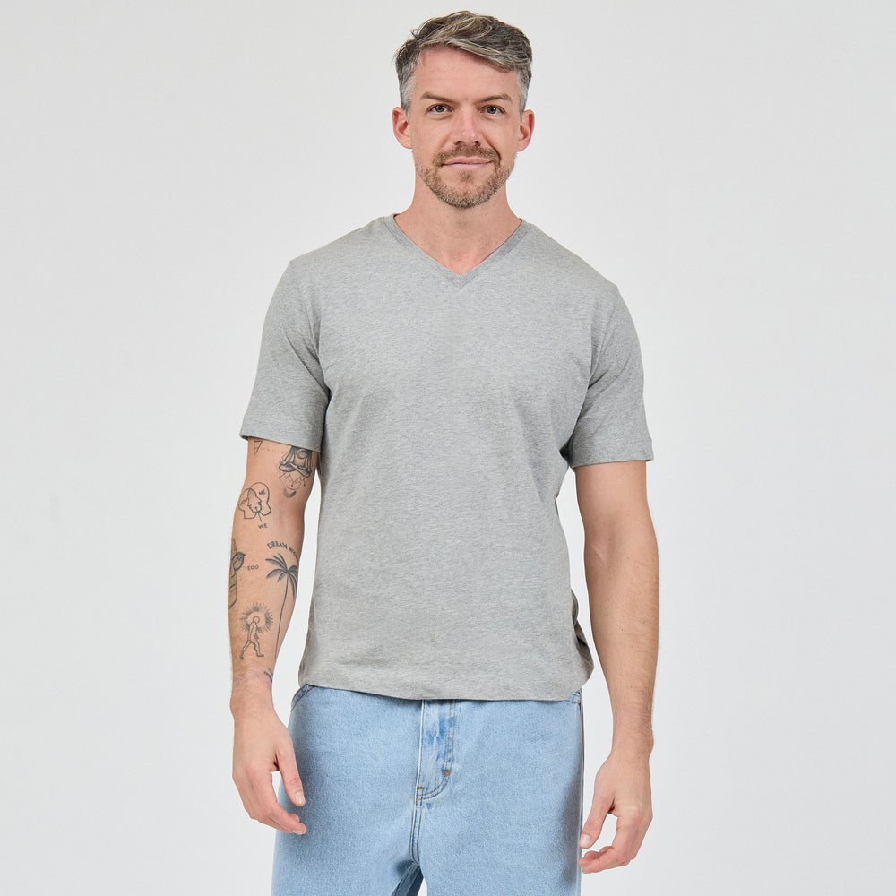 Heavy Cotton V-Neck Tee in 100% Organic Cotton 220GSM, Grey Marl
