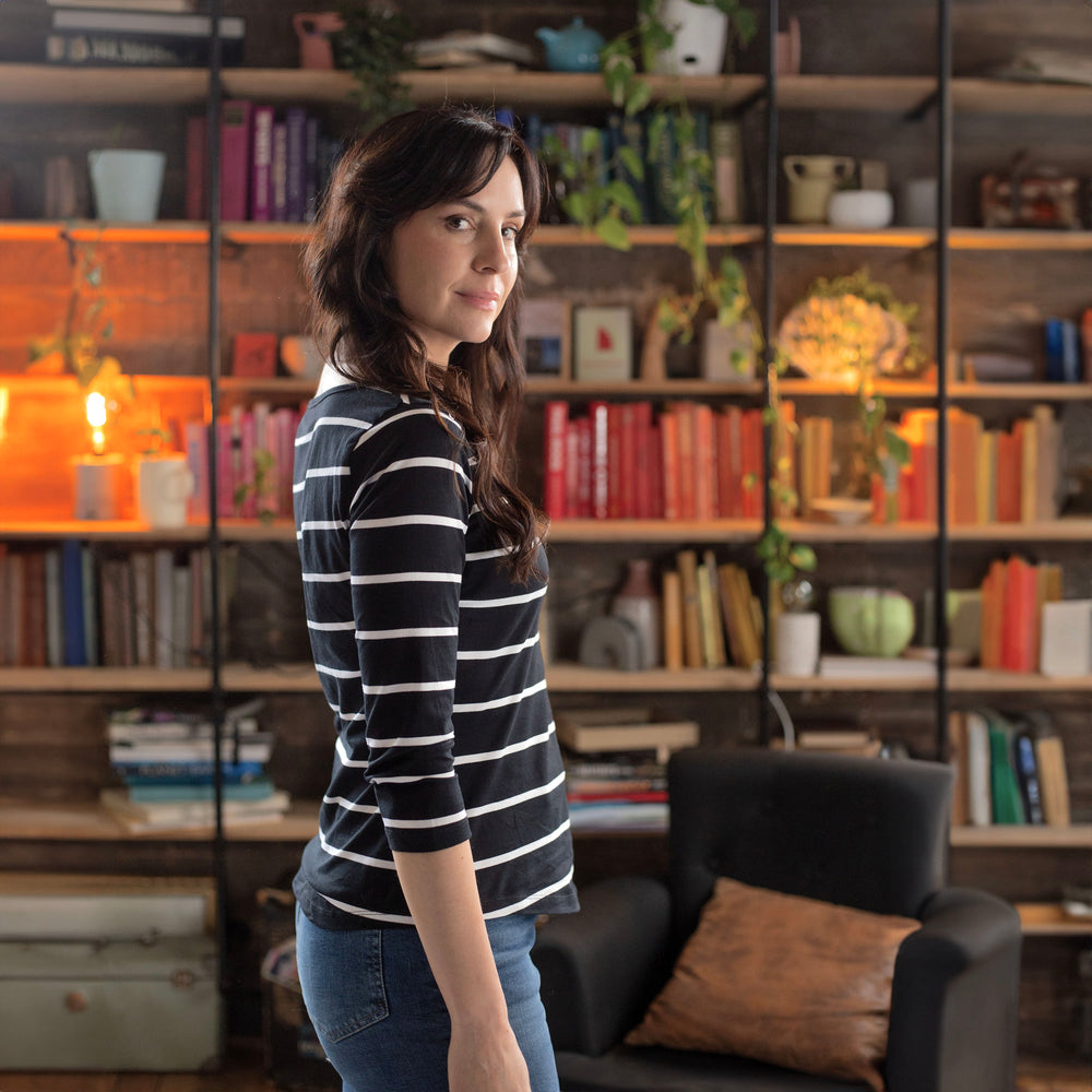 The Women's Limited Edition Japanese Cotton T-shirt in 100% Supima Cotton, Black-White Stripe