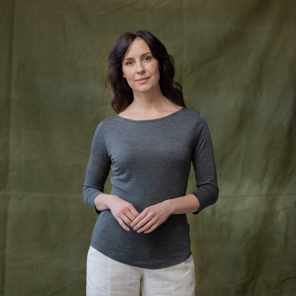 The Women's Limited Edition Charcoal Marl T-shirt in 53% Merino Wool / 47% Tencel, Charcoal Marl