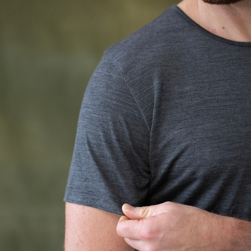 The Men's Limited Edition Charcoal Marl T-shirt in 53% Merino Wool / 47% Tencel, Charcoal Marl