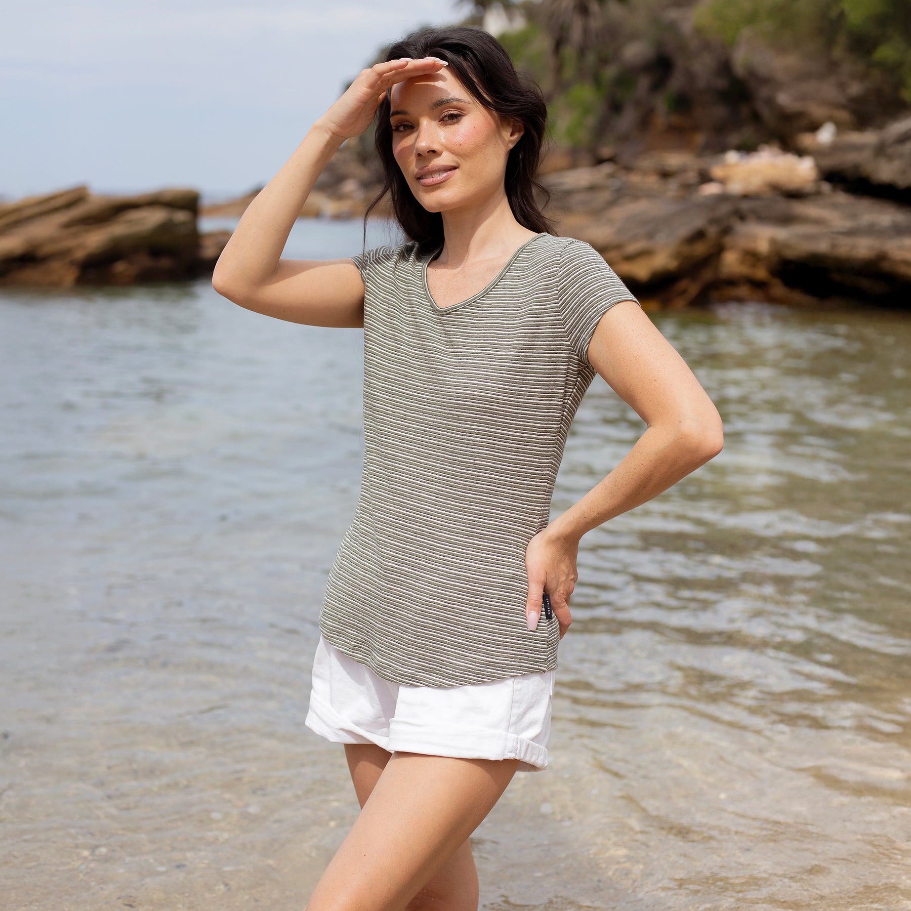 The Women's Pinstripe Hemp Cap Relaxed Crew Tee in 55% Hemp / 45% Organic Cotton 210GSM, Army White Pinstripe