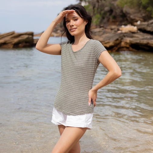 The Women's Pinstripe Hemp Cap Relaxed Crew Tee in 55% Hemp / 45% Organic Cotton 210GSM, Army White Pinstripe
