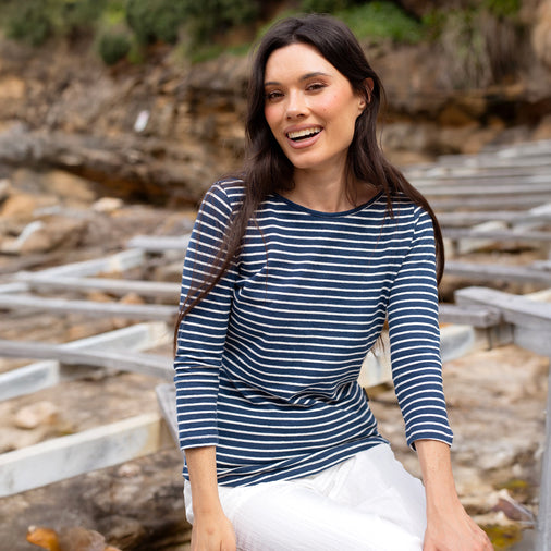 The Women's Striped Hemp Tee in 55% Hemp / 45% Organic Cotton 210GSM, Navy White Reverse Stripe