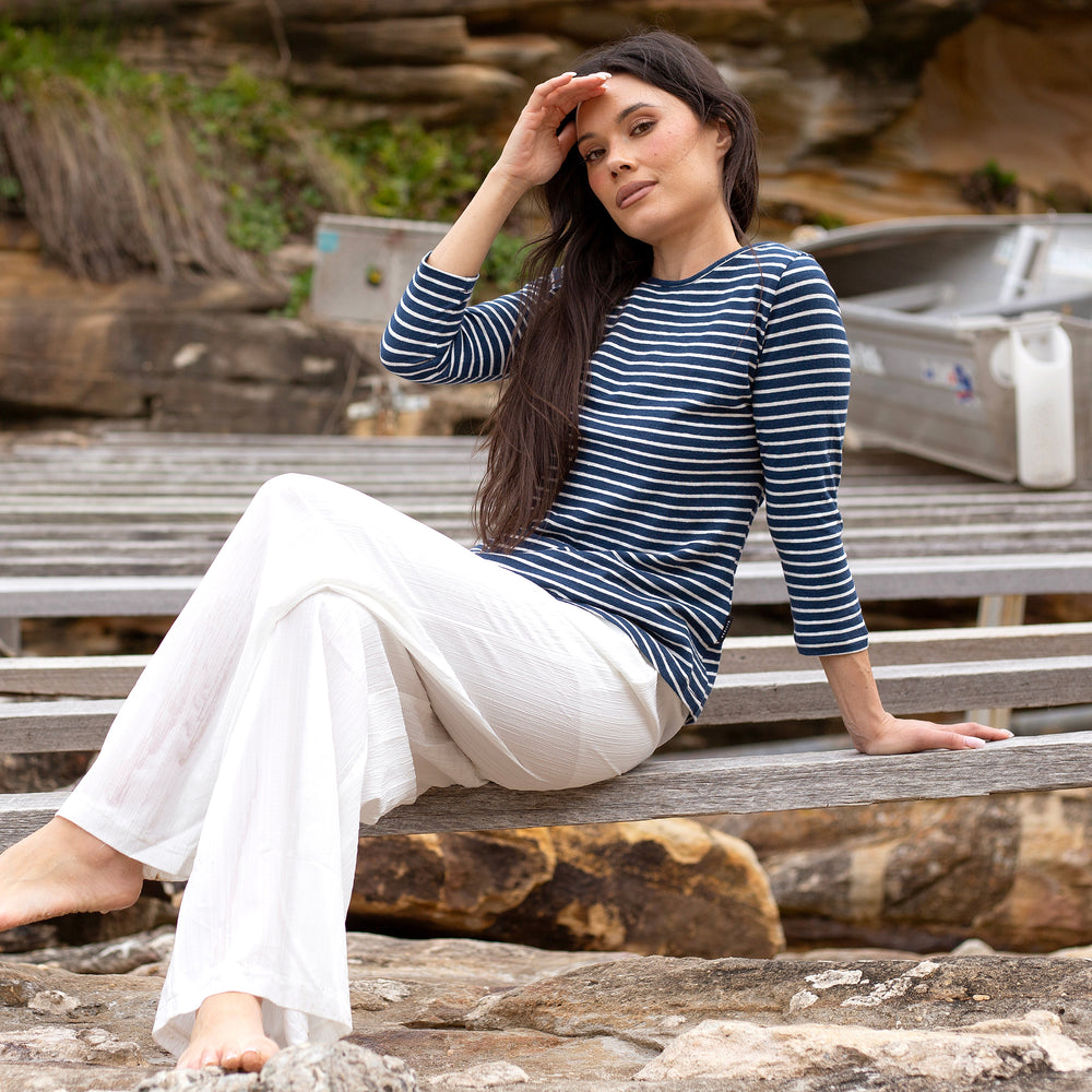 The Women's Striped Hemp Tee in 55% Hemp / 45% Organic Cotton 210GSM, Navy White Reverse Stripe