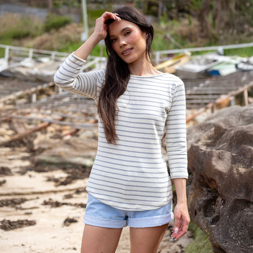 The Women's Striped Hemp Tee in 55% Hemp / 45% Organic Cotton 210GSM, Off White Grey Stripe