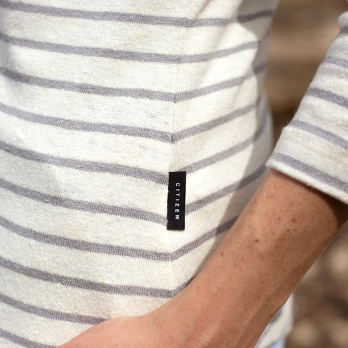 The Women's Striped Hemp Tee in 55% Hemp / 45% Organic Cotton 210GSM, Off White Grey Stripe