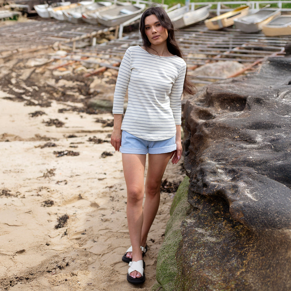 The Women's Striped Hemp Tee in 55% Hemp / 45% Organic Cotton 210GSM, Off White Grey Stripe