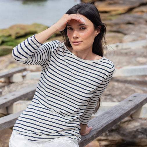 The Striped Hemp 3/4 Boat Tee in 55% Hemp / 45% Organic Cotton 210GSM, Off White Navy Stripe