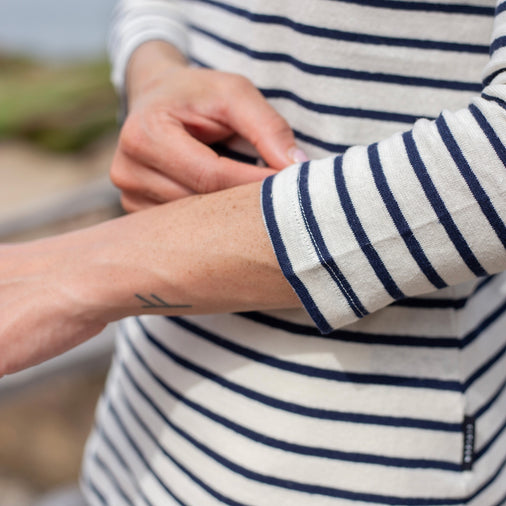 The Striped Hemp 3/4 Boat Tee in 55% Hemp / 45% Organic Cotton 210GSM, Off White Navy Stripe