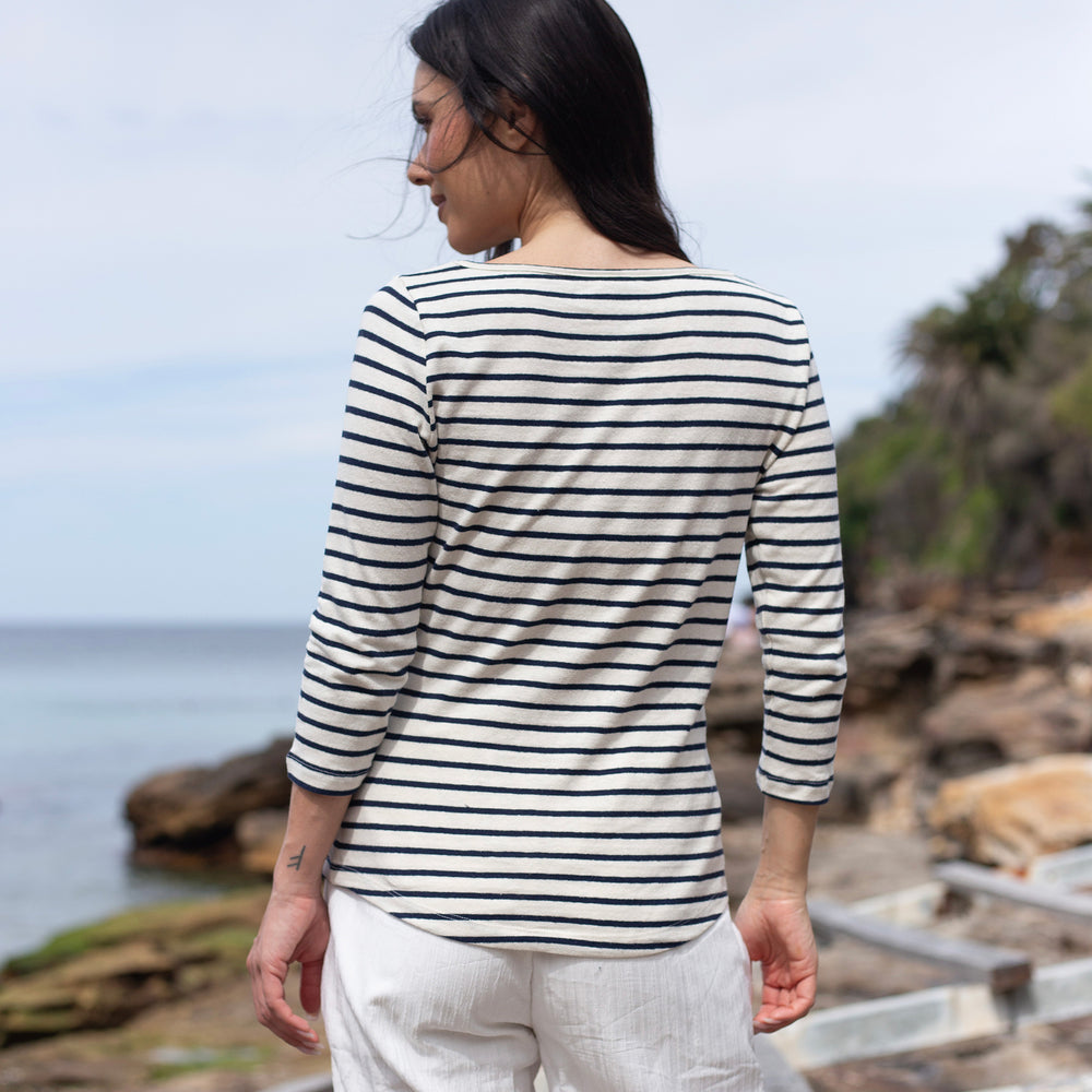 The Striped Hemp 3/4 Boat Tee in 55% Hemp / 45% Organic Cotton 210GSM, Off White Navy Stripe