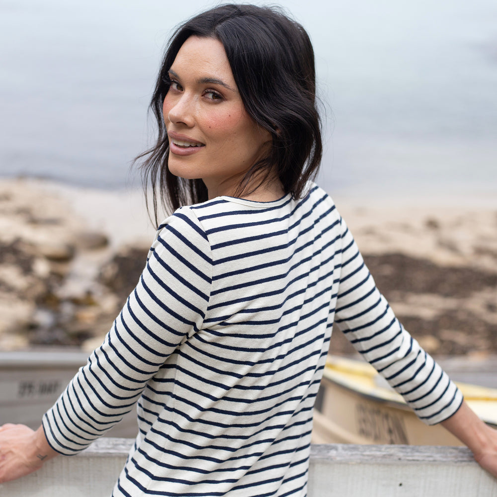 The Striped Hemp 3/4 Boat Tee in 55% Hemp / 45% Organic Cotton 210GSM, Off White Navy Stripe