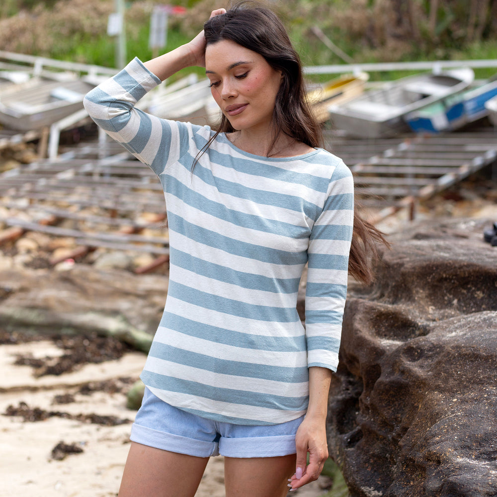The Women's Striped Hemp 3/4 Boat Tee in 55% Hemp / 45% Organic Cotton 210GSM, Pastel Blue White Awning Stripe