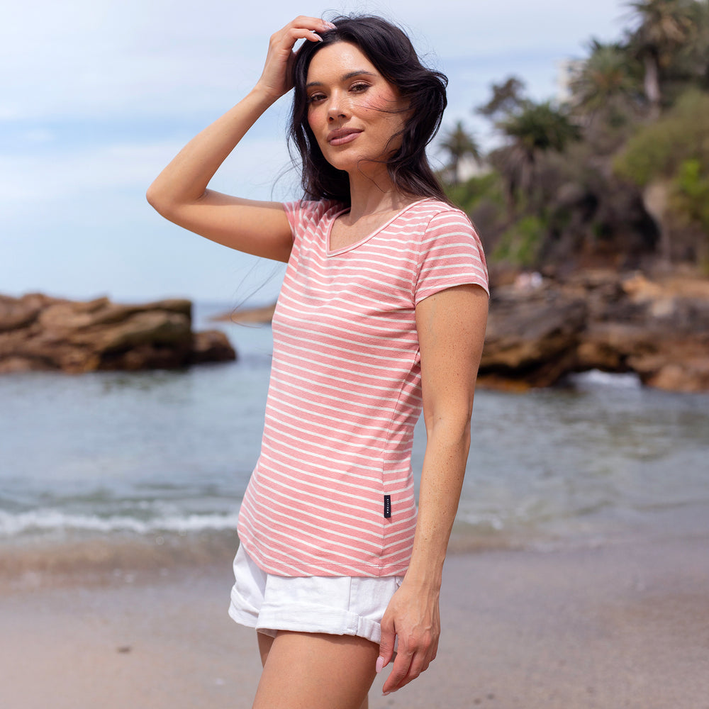 The Women's Striped Hemp Cap Relaxed Crew Tee in 55% Hemp / 45% Organic Cotton 210GSM, Rose White Reverse Stripe