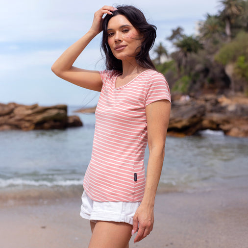 The Women's Striped Hemp Cap Relaxed Crew Tee in 55% Hemp / 45% Organic Cotton 210GSM, Rose White Reverse Stripe