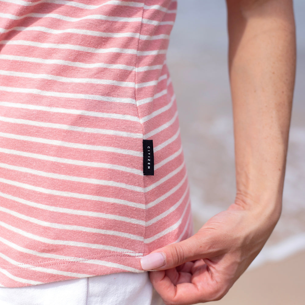 The Women's Striped Hemp Cap Relaxed Crew Tee in 55% Hemp / 45% Organic Cotton 210GSM, Rose White Reverse Stripe