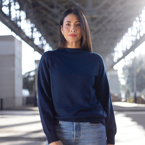 The Women's Limited Edition Zero Waste Merino Jumper in 100% Fine Merino Wool, Navy