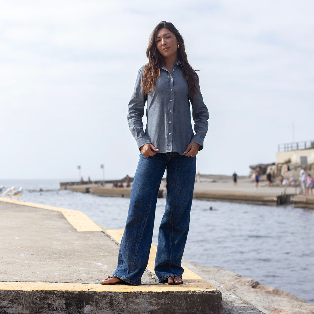 The Women's Limited Edition Faded Denim Chambray Shirt in Cotton Chambray 160GSM, Faded Denim