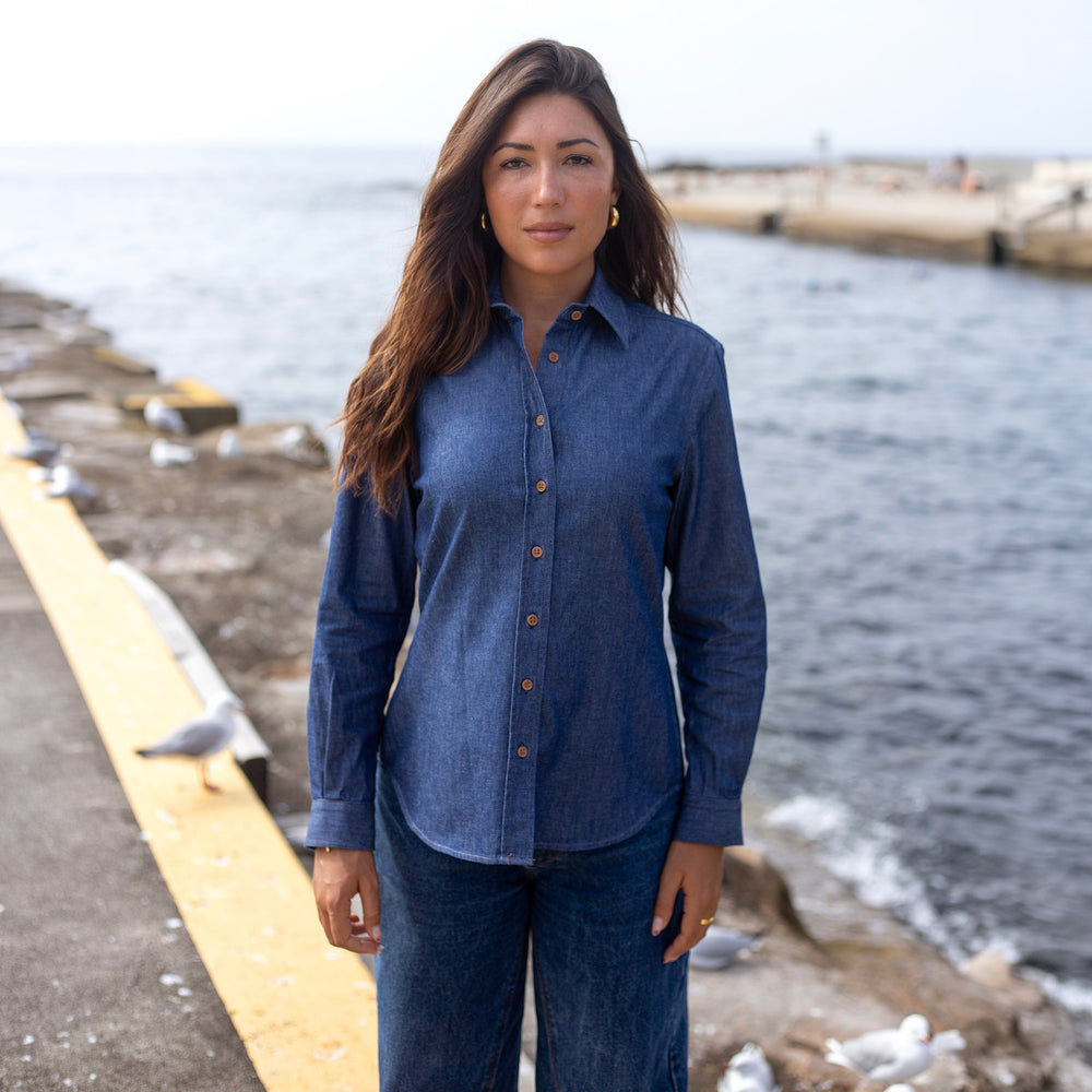 The Women's Limited Edition Indigo Denim Chambray Shirt in Cotton Chambray 210GSM, Indigo Denim
