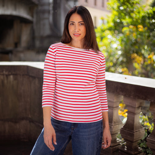 The Women's Limited Edition White-Red Breton Striped 3/4 Boat Tee in 100% GOTS Cotton 310GSM, White Red Breton Stripe