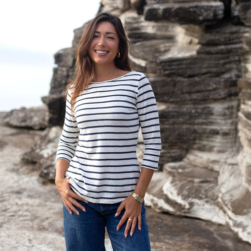 The Women's 3/4 Boat Tee in 55% Hemp / 45% Organic Cotton 210GSM, in White Navy Wide Stripe