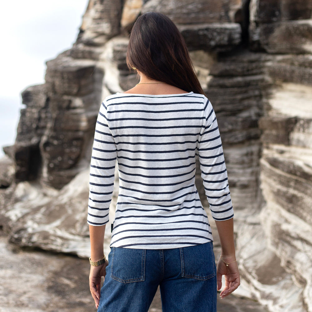The Women's 3/4 Boat Tee in 55% Hemp / 45% Organic Cotton 210GSM, in White Navy Wide Stripe