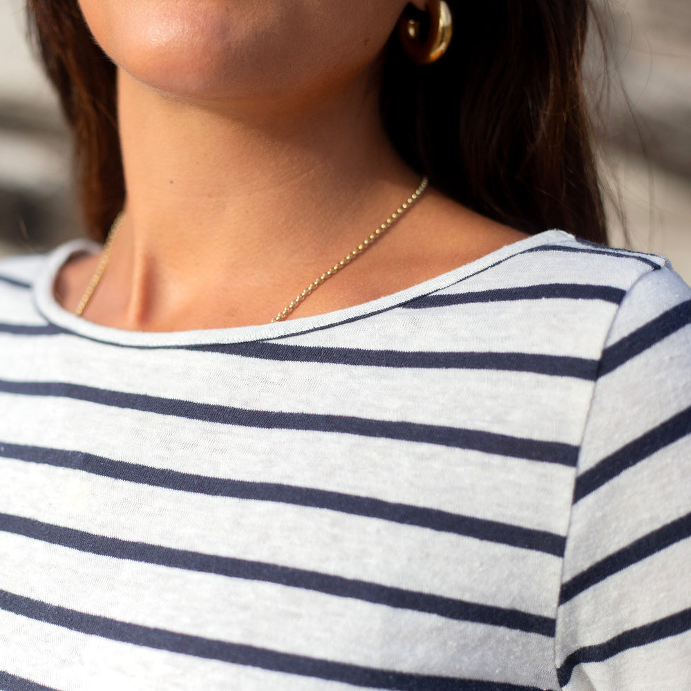 The Women's 3/4 Boat Tee in 55% Hemp / 45% Organic Cotton 210GSM, in White Navy Wide Stripe