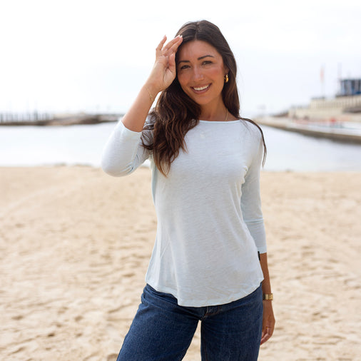 The Women's 3/4 Boat Tee in 55% Linen / 45% Tencel 140GSM, in Cloud