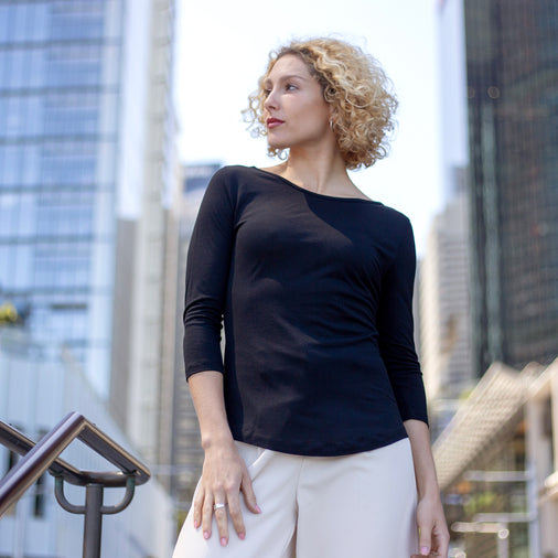 The Women's Merino / Tencel Three-Quarter Boat Tee in 50% Merino Wool / 50% Tencel 125GSM, Black