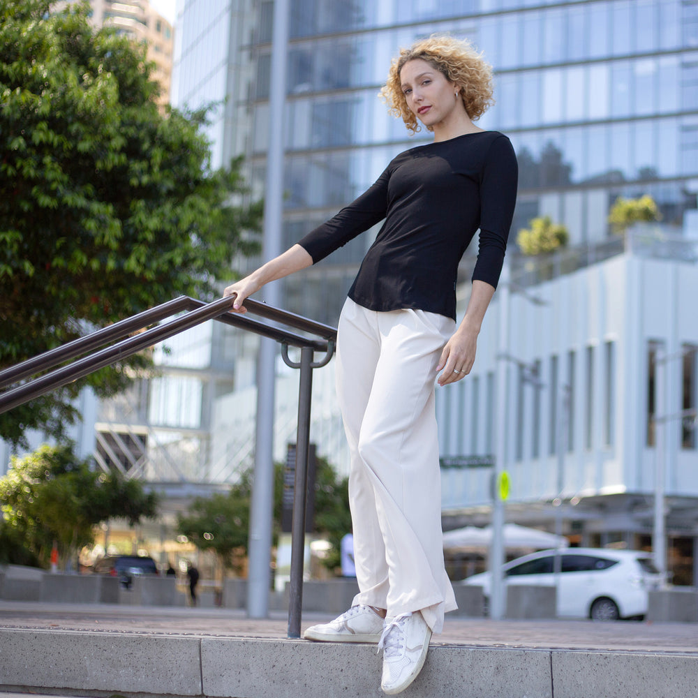 The Women's Merino / Tencel Three-Quarter Boat Tee in 50% Merino Wool / 50% Tencel 125GSM, Black
