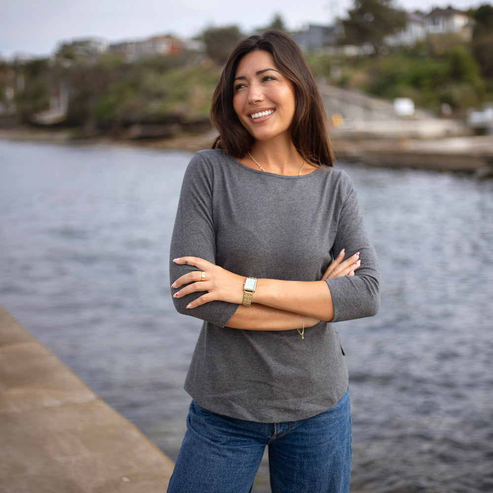 The Women's 3/4 Boat Tee in 100% Cotton 170GSM, in Charcoal Marl | Limited Edition