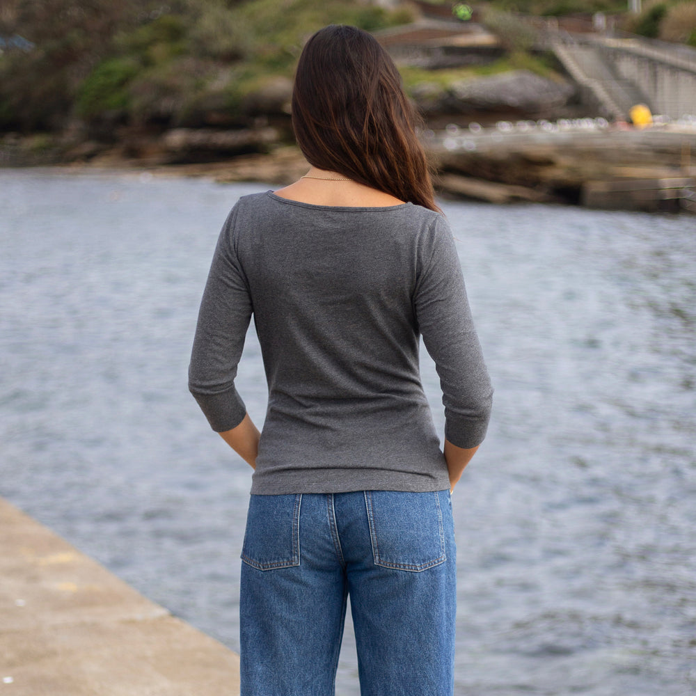 The Women's 3/4 Boat Tee in 100% Cotton 170GSM, in Charcoal Marl | Limited Edition