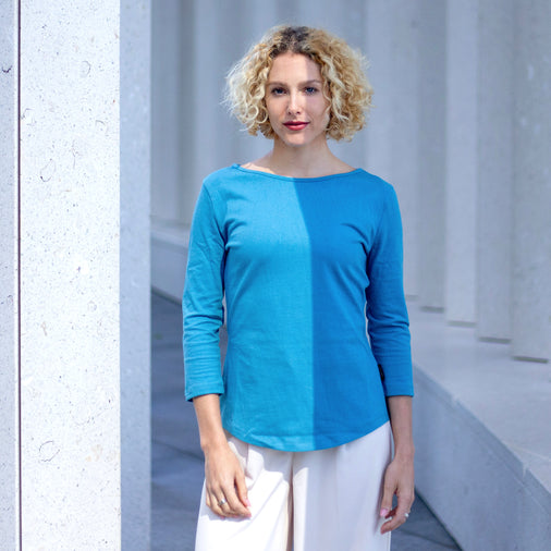 The Women's Heavy Cotton 3/4 Boat Tee in 100% Organic Cotton 220GSM, Ocean Blue. Limited Edition.