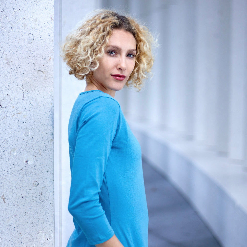 The Women's Heavy Cotton 3/4 Boat Tee in 100% Organic Cotton 220GSM, Ocean Blue. Limited Edition.