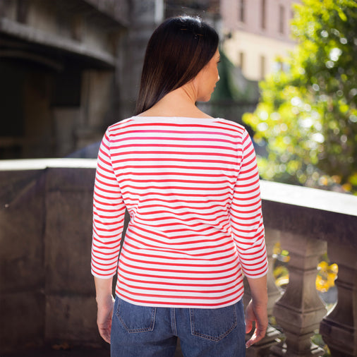 The Women's Limited Edition White-Red Breton Striped 3/4 Boat Tee in 100% GOTS Cotton 310GSM, White Red Breton Stripe