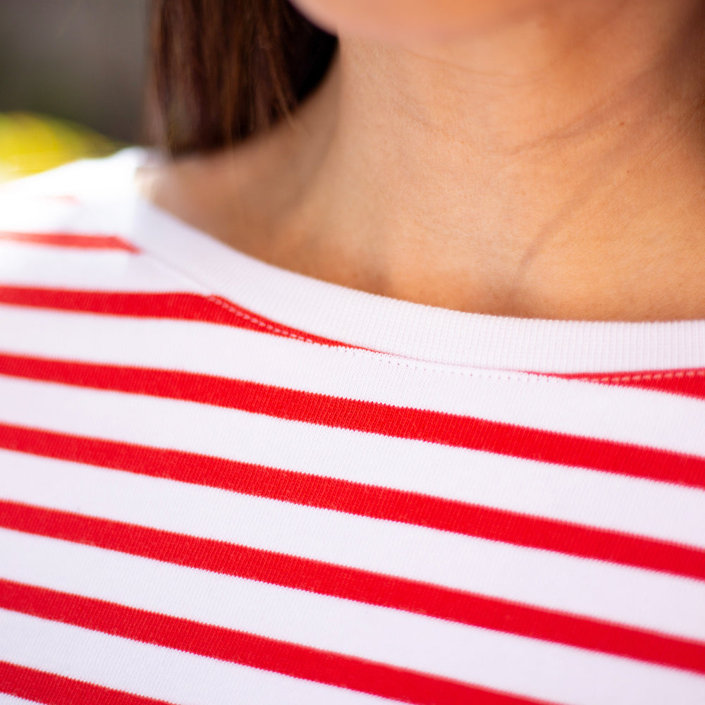 The Women's Limited Edition White-Red Breton Striped 3/4 Boat Tee in 100% GOTS Cotton 310GSM, White Red Breton Stripe