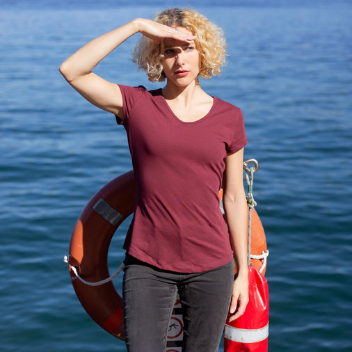 The Women's Limited Edition, Lightweight Cotton Cap Half-Scoop Tee in 100% Organic Cotton 110GSM, Oxblood.
