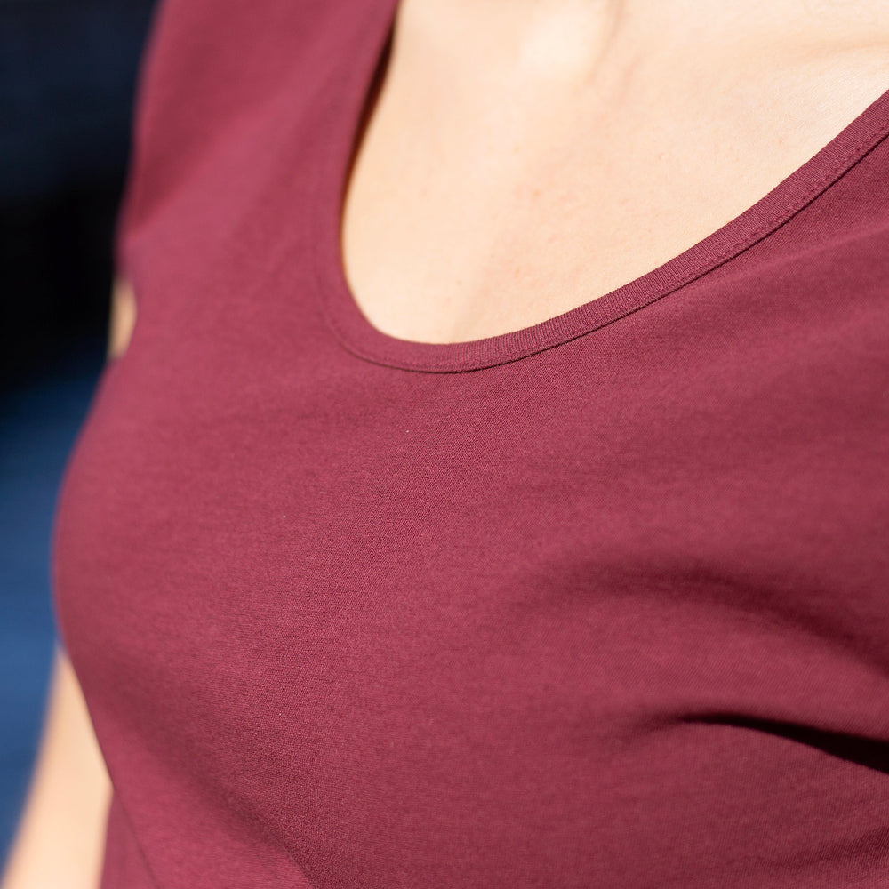The Women's Limited Edition, Lightweight Cotton Cap Half-Scoop Tee in 100% Organic Cotton 110GSM, Oxblood.