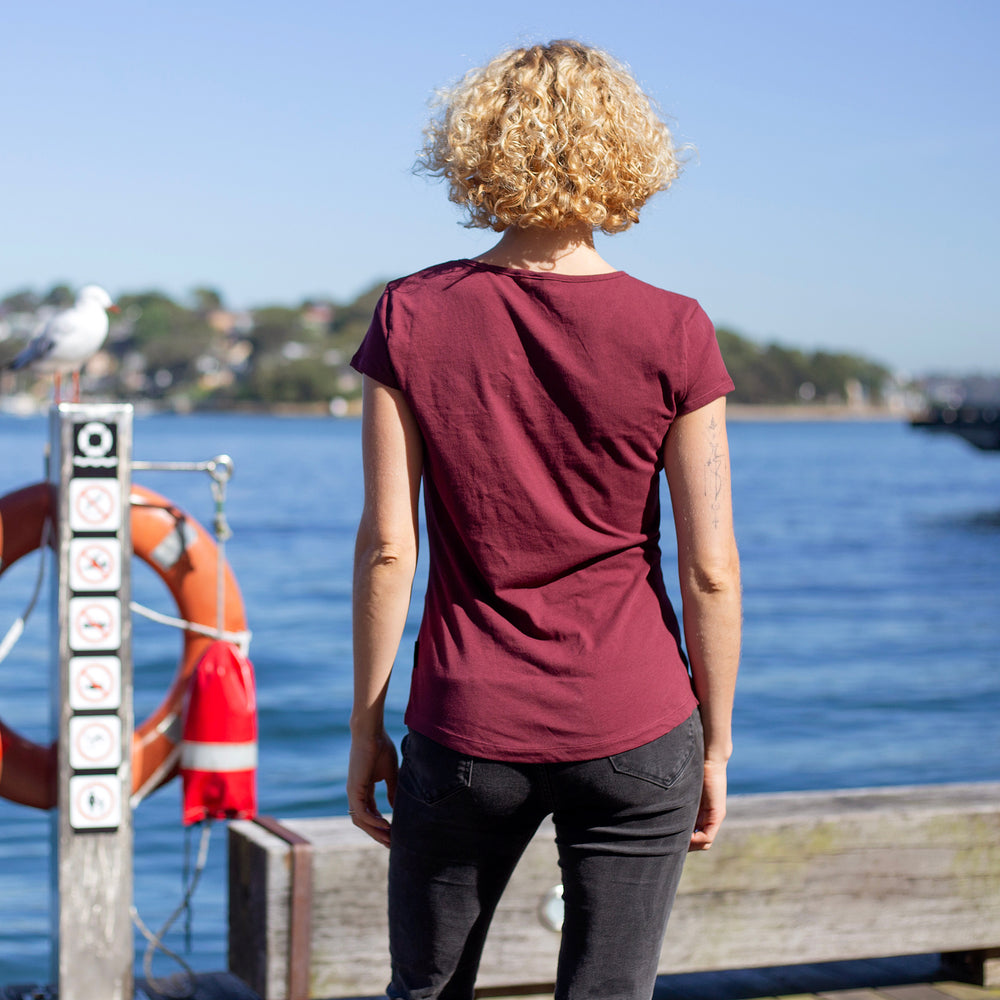 The Women's Limited Edition, Lightweight Cotton Cap Half-Scoop Tee in 100% Organic Cotton 110GSM, Oxblood.