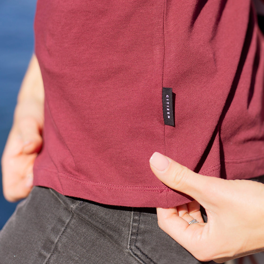 The Women's Limited Edition, Lightweight Cotton Cap Half-Scoop Tee in 100% Organic Cotton 110GSM, Oxblood.