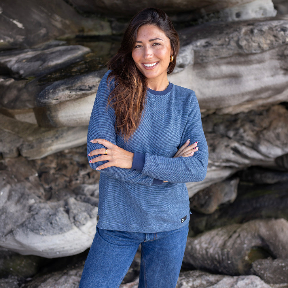 The Women's Limited Edition Indigo Pinstripe Hemp Sweatshirt in 55% Hemp, 45% Organic Cotton, Indigo / Blue Pinstripe