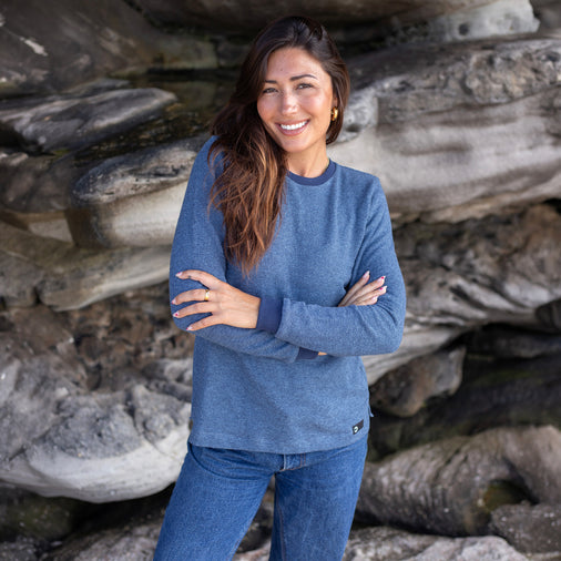 The Women's Limited Edition Indigo Pinstripe Hemp Sweatshirt in 55% Hemp, 45% Organic Cotton, Indigo / Blue Pinstripe