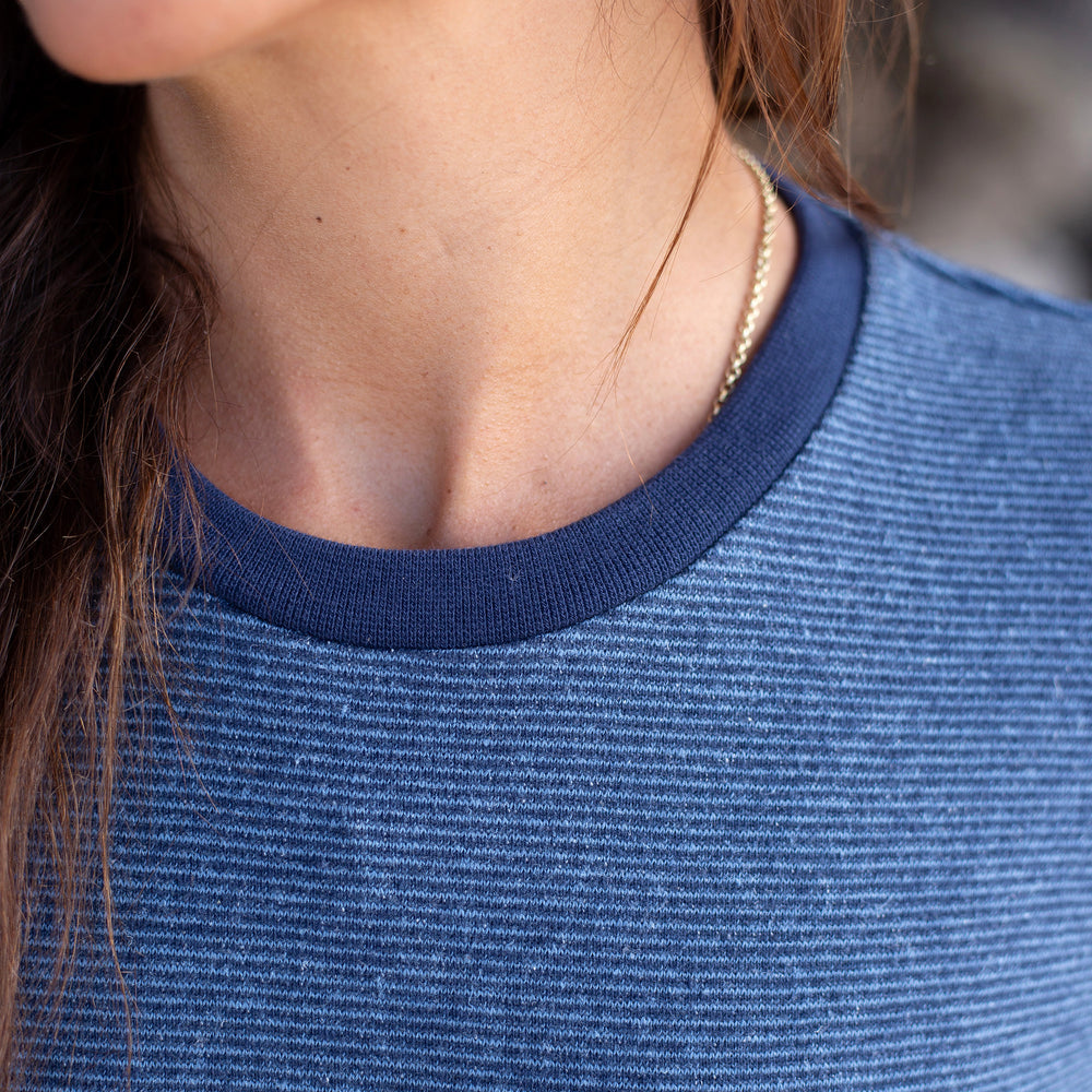 The Women's Limited Edition Indigo Pinstripe Hemp Sweatshirt in 55% Hemp, 45% Organic Cotton, Indigo / Blue Pinstripe
