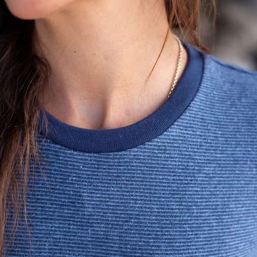 The Women's Limited Edition Indigo Pinstripe Hemp Sweatshirt in 55% Hemp, 45% Organic Cotton, Indigo / Blue Pinstripe