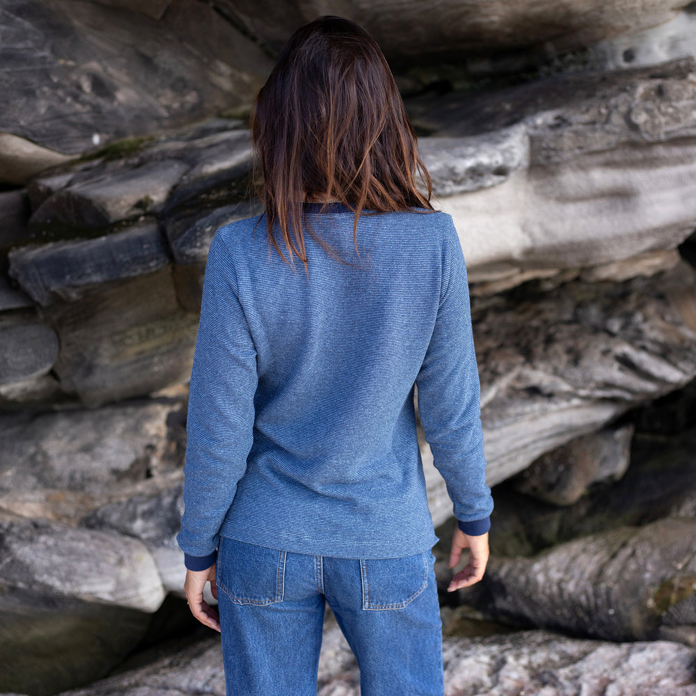 The Women's Limited Edition Indigo Pinstripe Hemp Sweatshirt in 55% Hemp, 45% Organic Cotton, Indigo / Blue Pinstripe