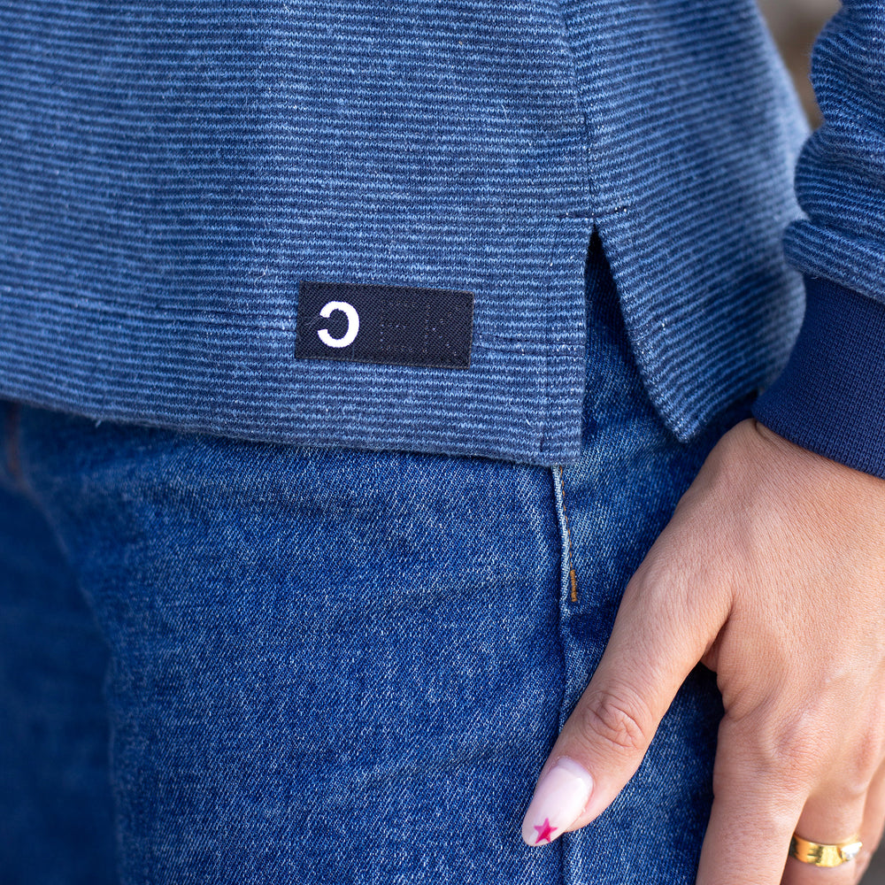 The Women's Limited Edition Indigo Pinstripe Hemp Sweatshirt in 55% Hemp, 45% Organic Cotton, Indigo / Blue Pinstripe