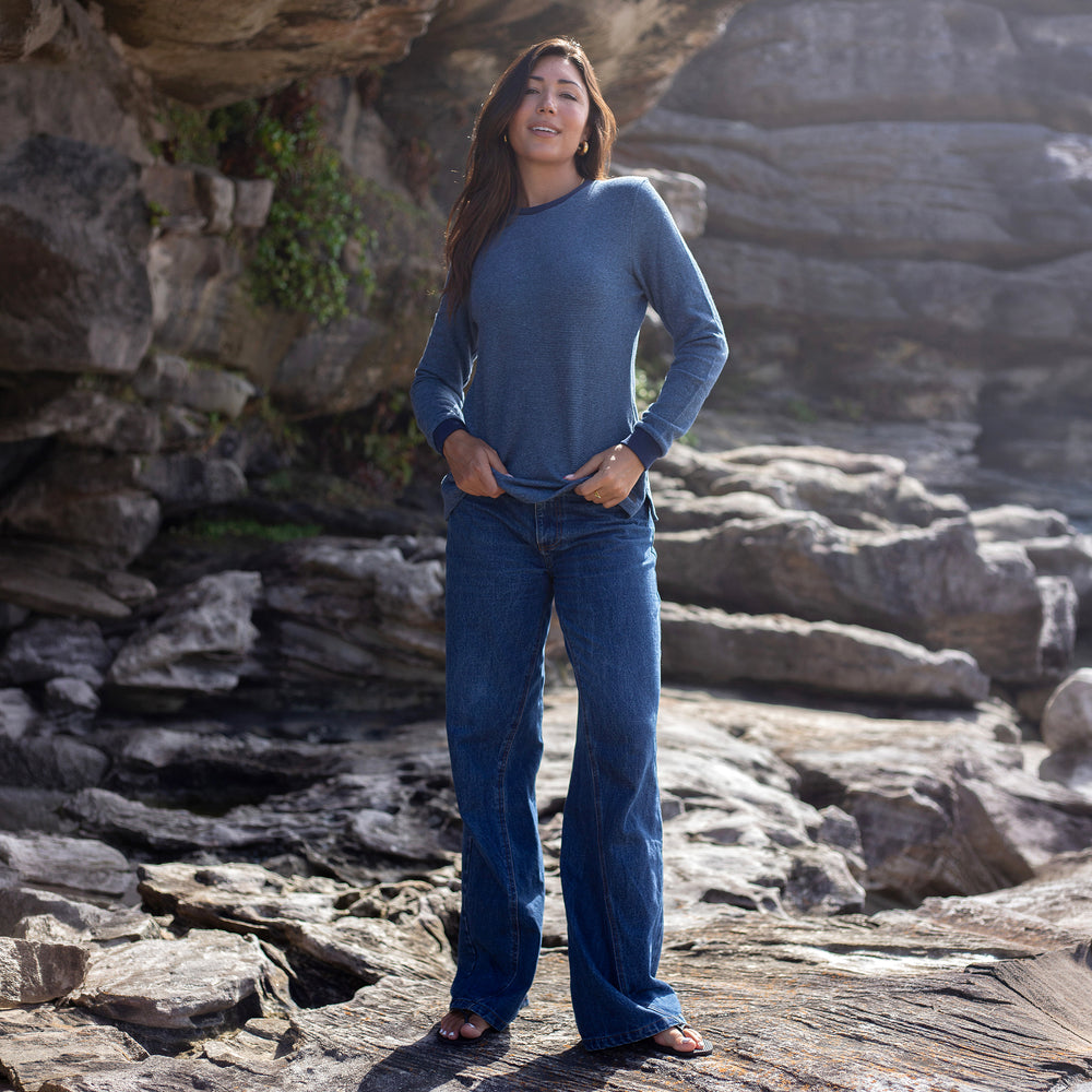 The Women's Limited Edition Indigo Pinstripe Hemp Sweatshirt in 55% Hemp, 45% Organic Cotton, Indigo / Blue Pinstripe