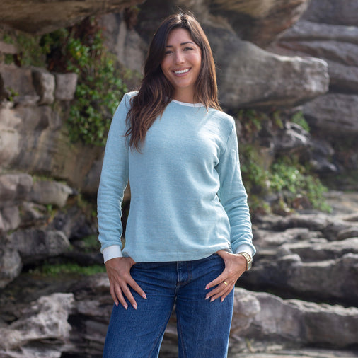 The Women's Limited Edition Blue Pinstripe Hemp Sweatshirt in 55% Hemp, 45% Organic Cotton, Blue / White Pinstripe