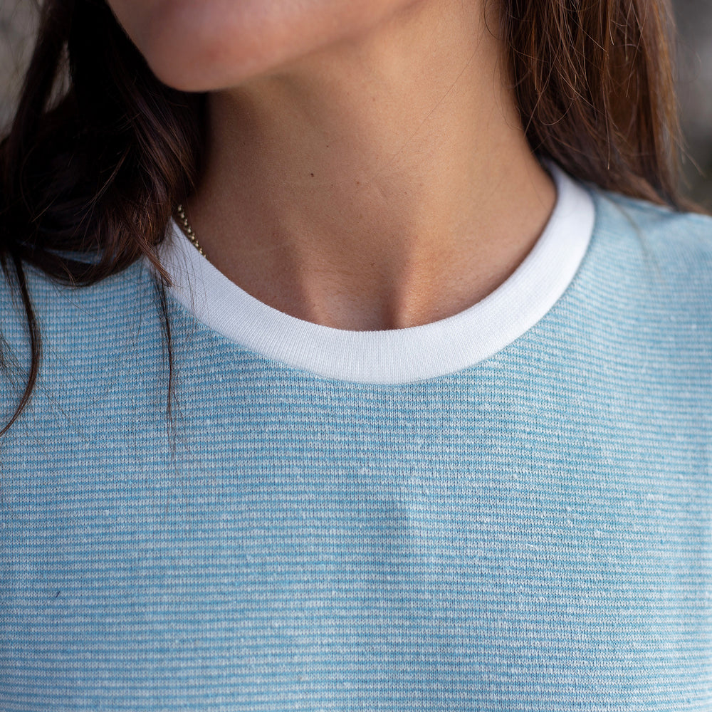 The Women's Limited Edition Blue Pinstripe Hemp Sweatshirt in 55% Hemp, 45% Organic Cotton, Blue / White Pinstripe