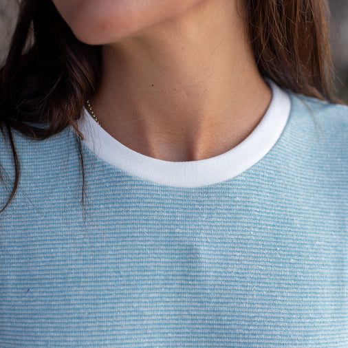 The Women's Limited Edition Blue Pinstripe Hemp Sweatshirt in 55% Hemp, 45% Organic Cotton, Blue / White Pinstripe