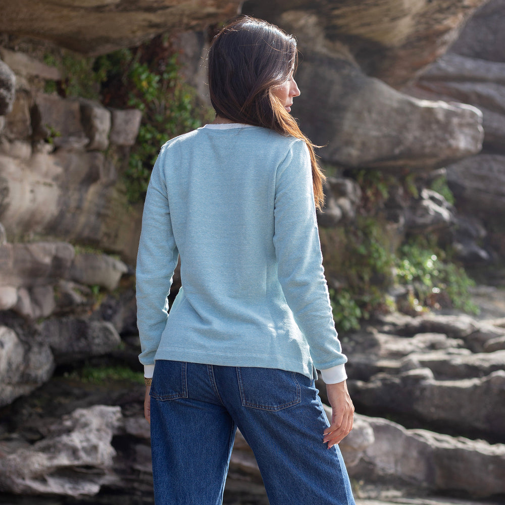 The Women's Limited Edition Blue Pinstripe Hemp Sweatshirt in 55% Hemp, 45% Organic Cotton, Blue / White Pinstripe
